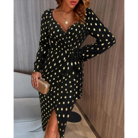 Luxe metallic gold dots wrap knot side party evening formal dress - Picture 11 of 15